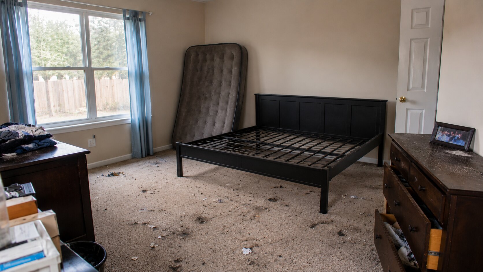 Before: cluttered bedroom filled with furniture and debris