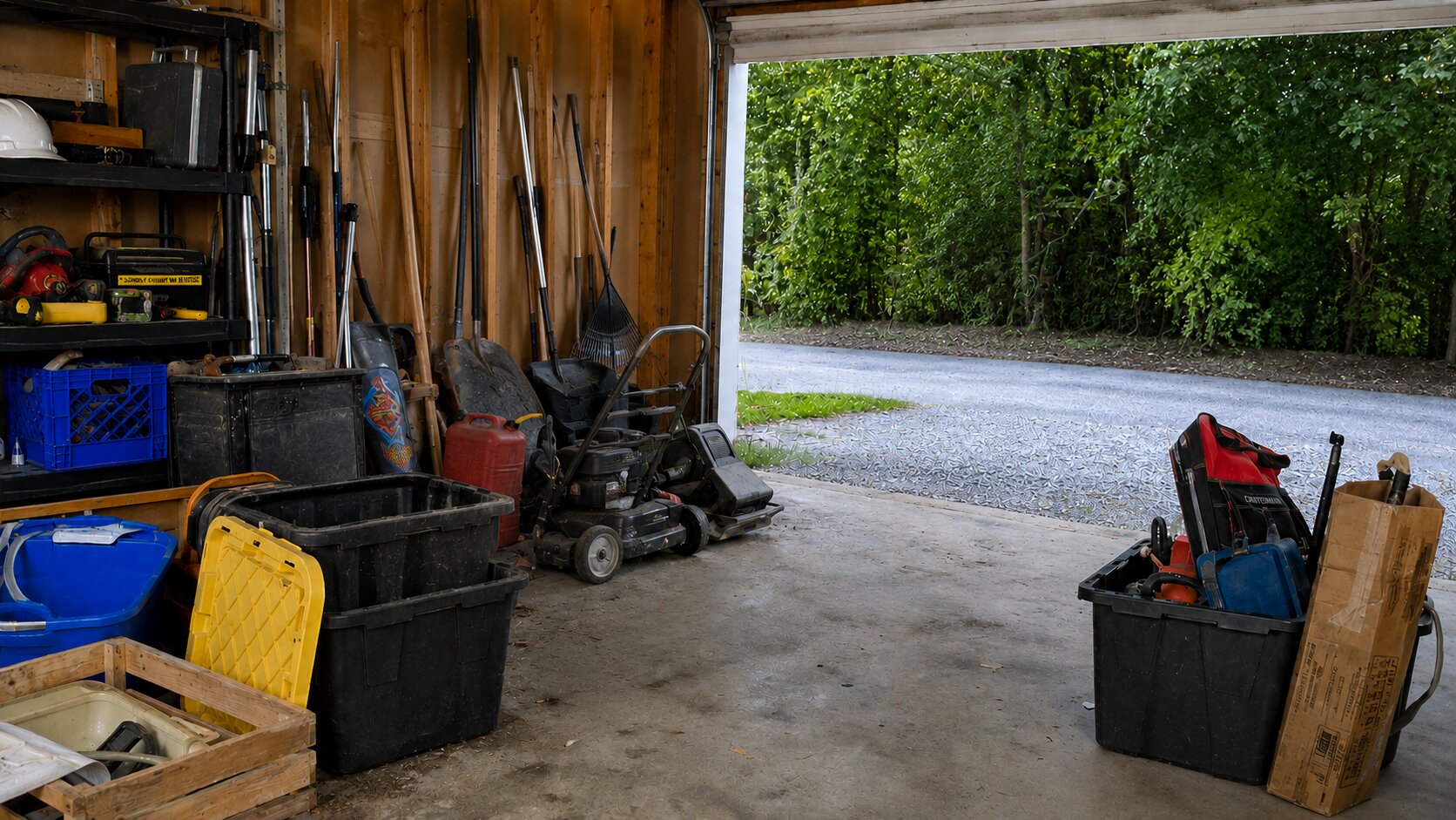 Before: garage packed with tools and equipment