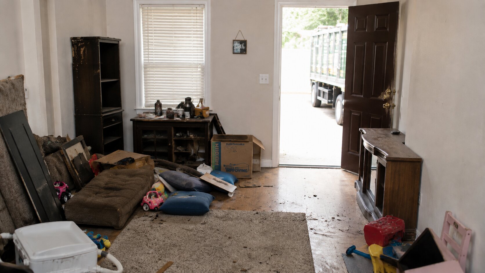 Before: trashed living room with furniture and debris